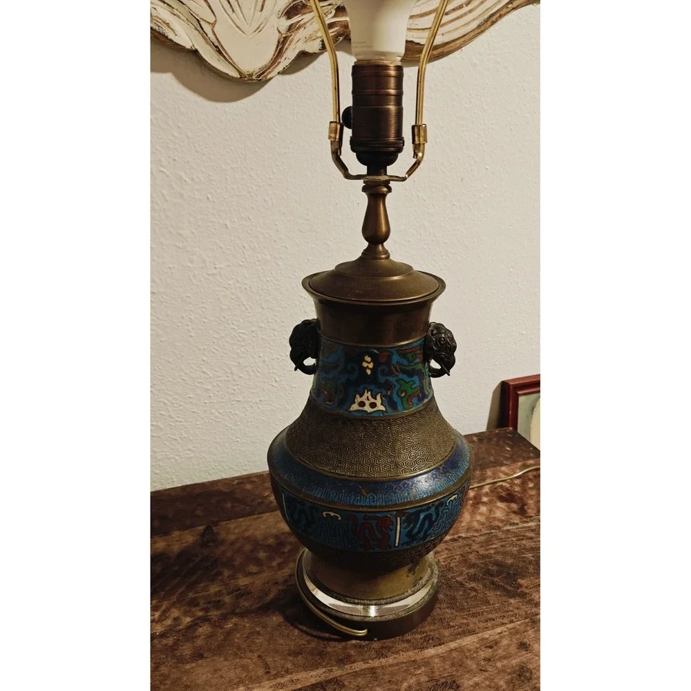 Vintage Japanese Champleve Bronze Enamel Cloisonne Table Lamp Works!